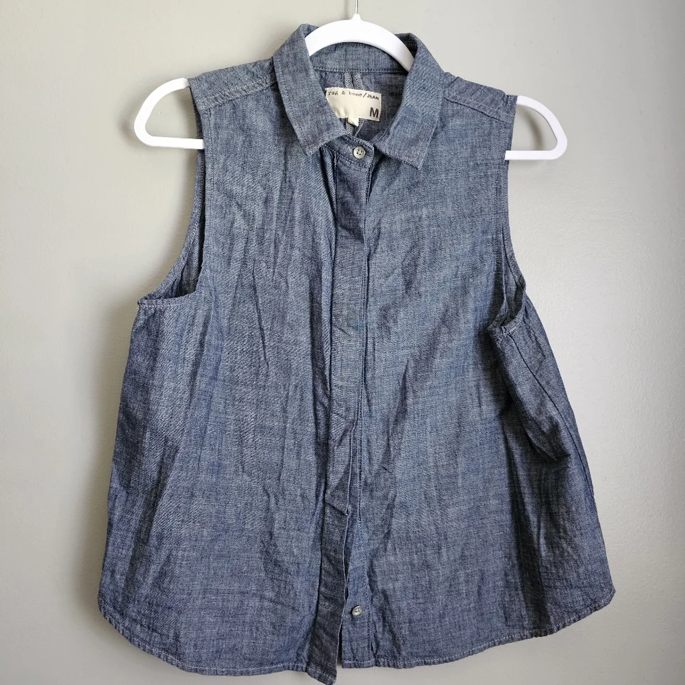Rag & Bone - Chambray Sleeveless Button-Up Blouse Denim Size Medium - Picture 2 of 5